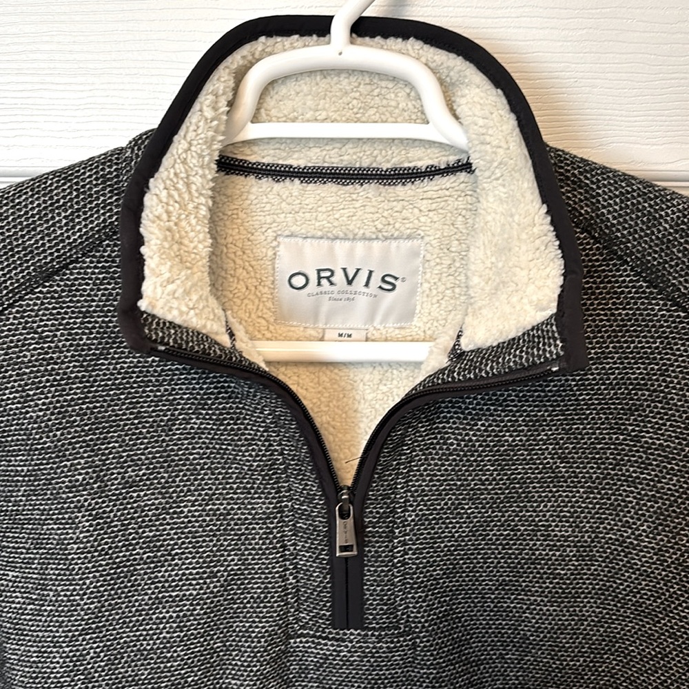 ORVIS Gray w/ Black Trim Fleece Sherpa Lined Quarter Zip Pullover Men’s Medium